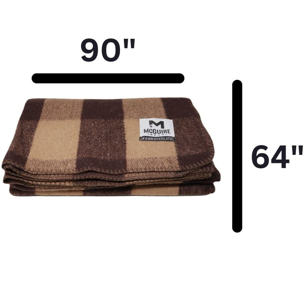 Warm Wool Bunkhouse Plaid Blanket for Camping, Home, Survival, or First Aid, 64" x 90" (Light Brown/Brown)