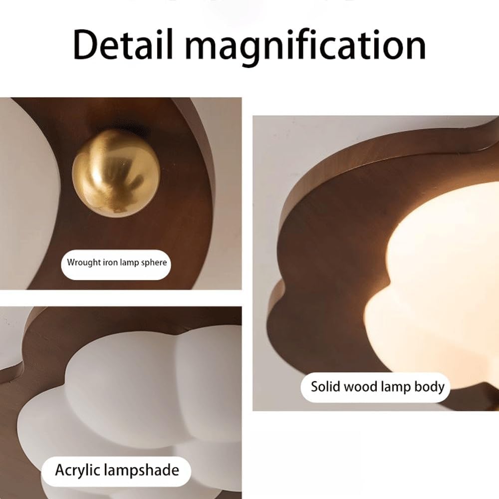 French Modern Cloud Ceiling Light, Star Flush Mount Fixture, Wooden Ceiling Lamp, Solid Wood Walnut Finish, Acrylic