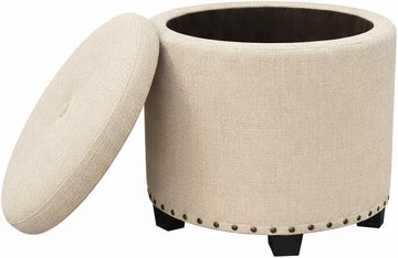 18.5" Round Storage Ottoman with Nailheads - Cream Woven