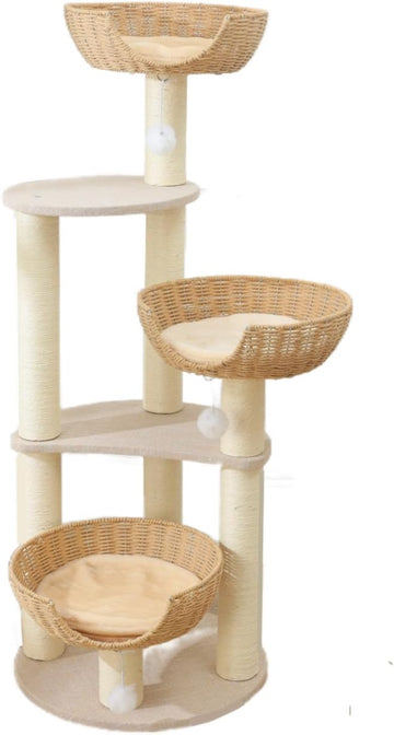 Modern Cat Tree Tower, Wooden Condo, 3 Large Rattan Wicker Basket Beds, Window Perch for Cats up to 20 lbs