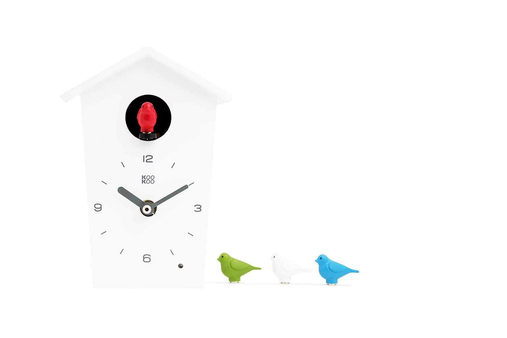 Birdhouse Mini White, Tiny Modern Cuckoo Clock with 12 Natural Bird Songs or Cuckoo Call
