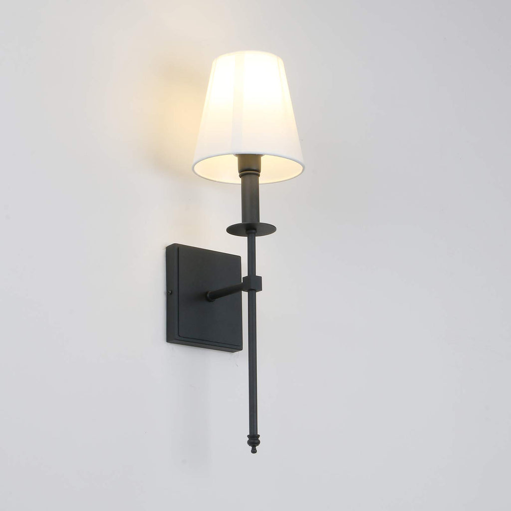 Set of 2 Classic Rustic Industrial Wall Sconce Lighting Fixture with Flared White Textile Lamp Shade and Black