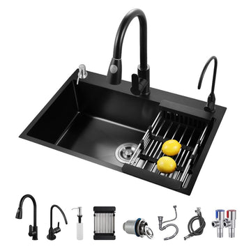Black Stainless Steel Kitchen Sink, 16 Gauge Single Bowl Workstation Sink, Drop In/Topmount Farmhouse Sink with