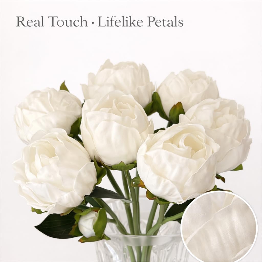 Artificial Peony Flowers 6 Pack 14Inch Milky White Real Touch Latex - Home Decor Bathroom Table Centerpieces Wedding - Set of 6
