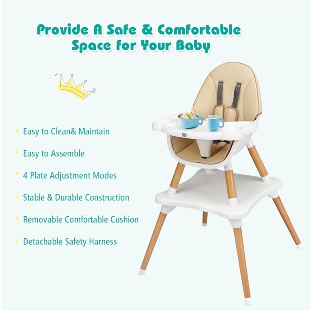 Baby High Chair Infant Convertible Chair 5 Point Seat Belt Khaki