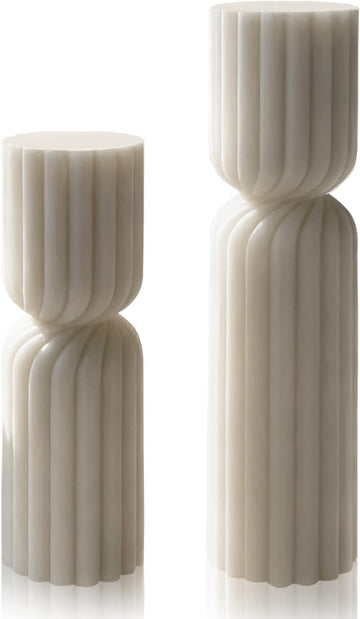 Ribbed Pillar Candles Handmade Soy Wax Scented Ribbed Candle,White - Set of 2
