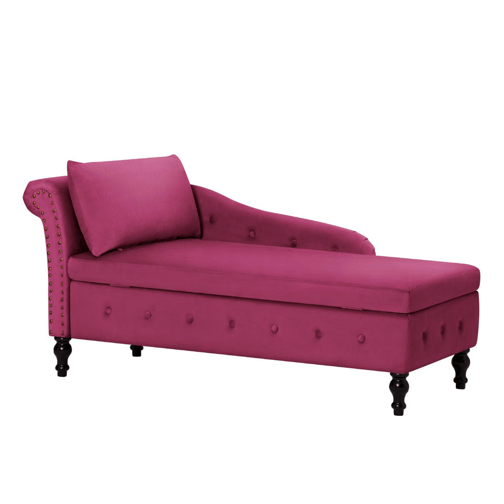 Velvet Chaise Lounge w/Left Armrest & Storage Space, Fuchsia