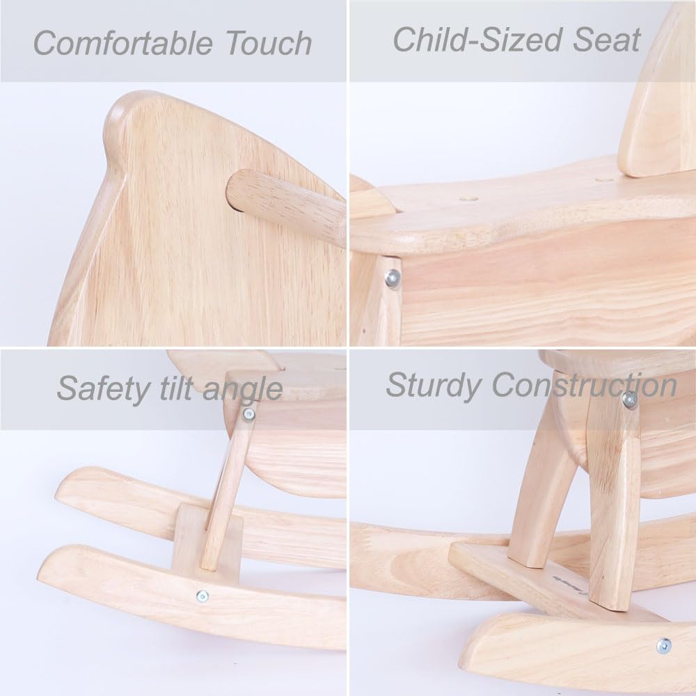Natural Wooden Rocking Horse Funny for Toddlers (Ages 2-4) - Solid Rubber Wood, Smooth Surface for Creative