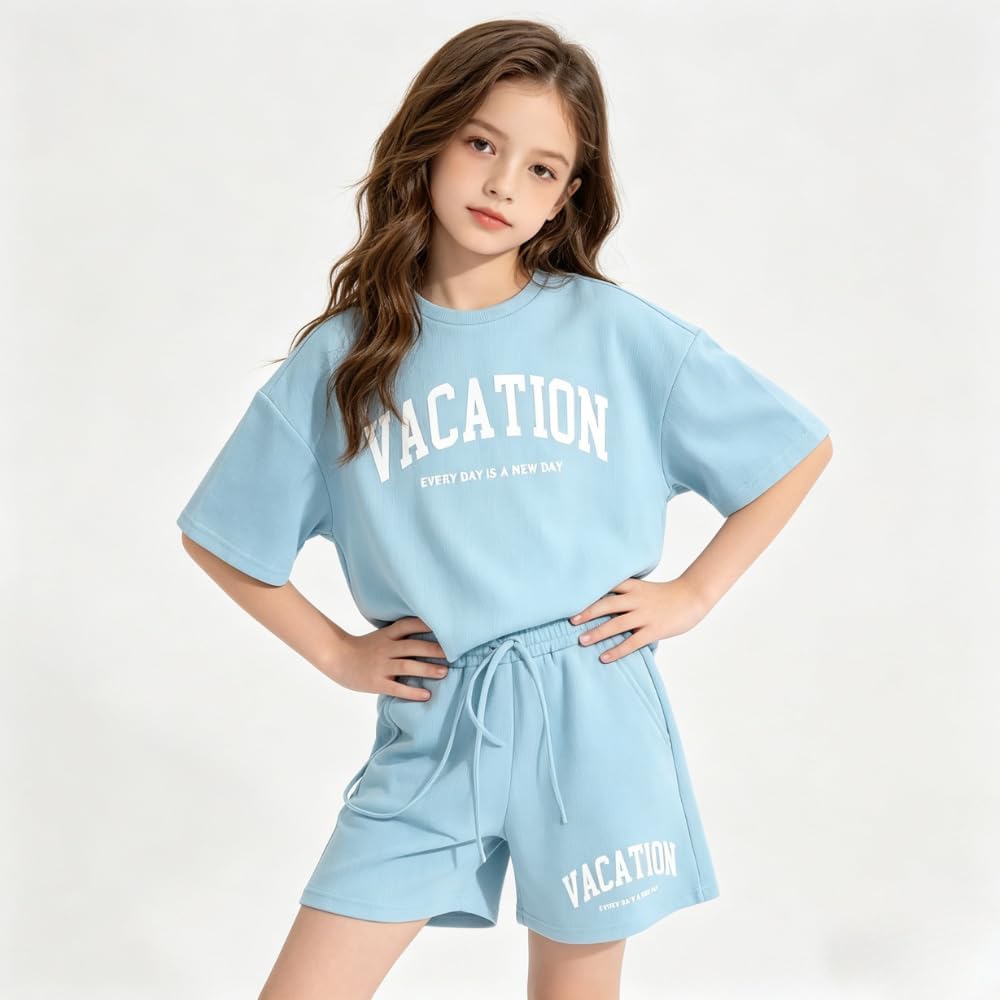 Girl's Tracksuit Sets 2 Piece Outfits Letter Print Vacation Tee Top and Drawstring Waist Shorts