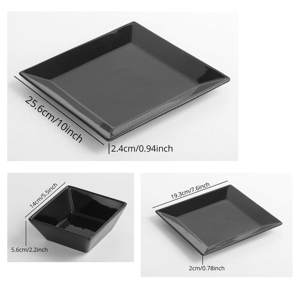12-Piece Square Dinnerware Set, Service for 4, Porcelain Dishes Dinner, Square-Black