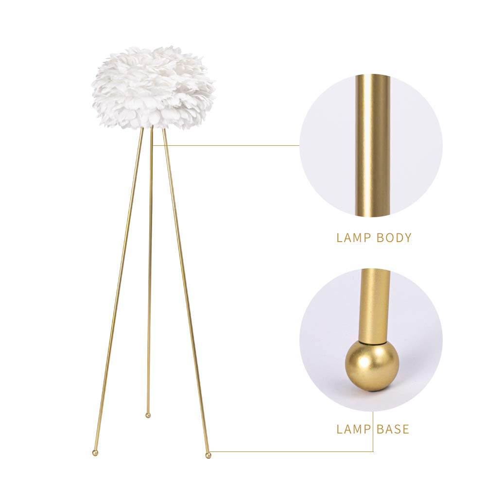 60" Feather Floor Lamp, Tripod Floor Lamp with White Feather Shade, Modern Brass Gold Standing Light s Dining Room