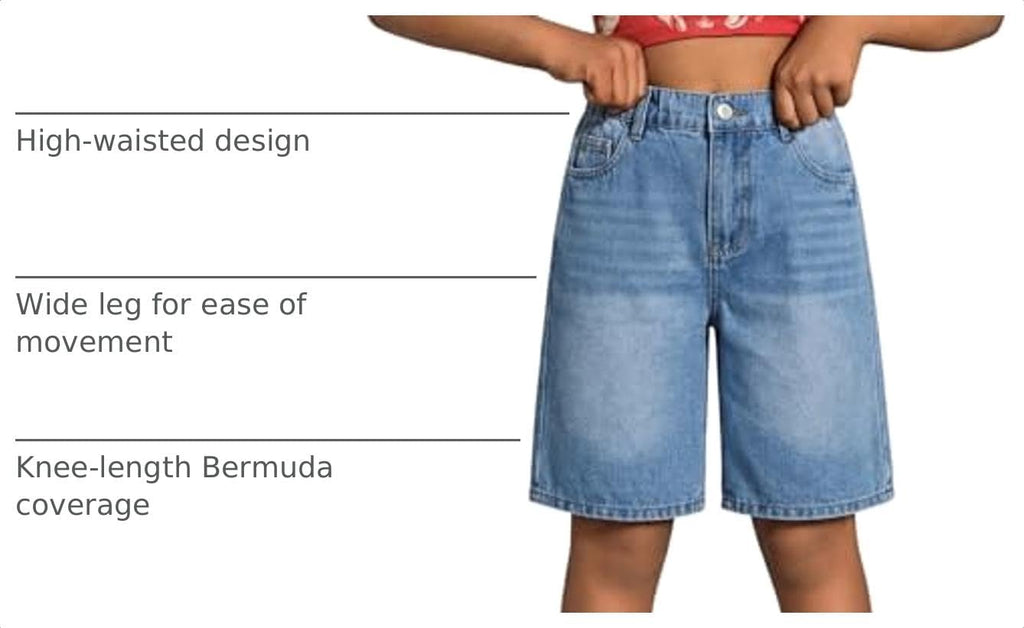 Girls Jean Shorts Baggy Wide Leg Washed Bermuda Denim Shorts Straight Leg Cute Summer Y2K Streetwear