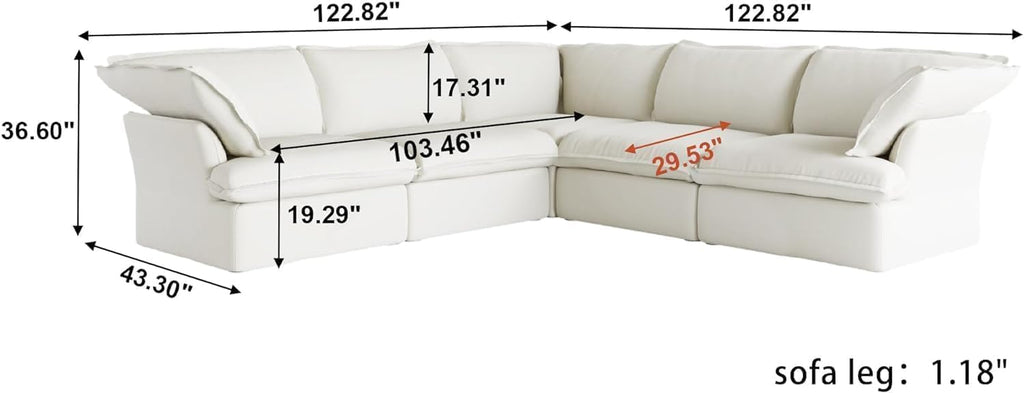V-Shaped Cloud Sectional Couch, Deep Seats Convertible Sofas, Minimalist Cloud Modular Sofa, Down Fill Soft Sofas for Living Room, Office, Apartment (5 Seats, White) A124-B0DMSS3FSR