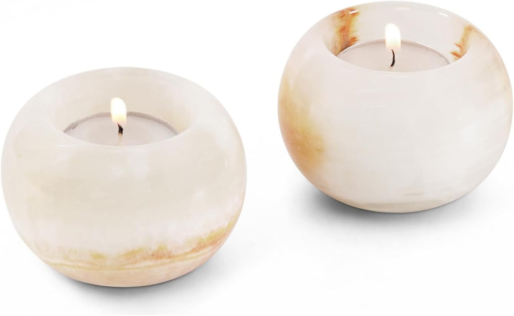 Marble Tea Light & Votive Candle Holders 4 Inch, Cream Onyx | Set of 2, handmade. Fits standard tealights. Dining