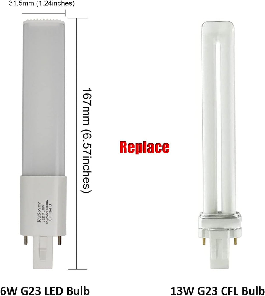G23 LED Bulb L167mm 2-Pin PL-S Lamp 2-Pack 6W Plug in Recessed Horizontal Retrofit CFL 180 Degree View Angle PL