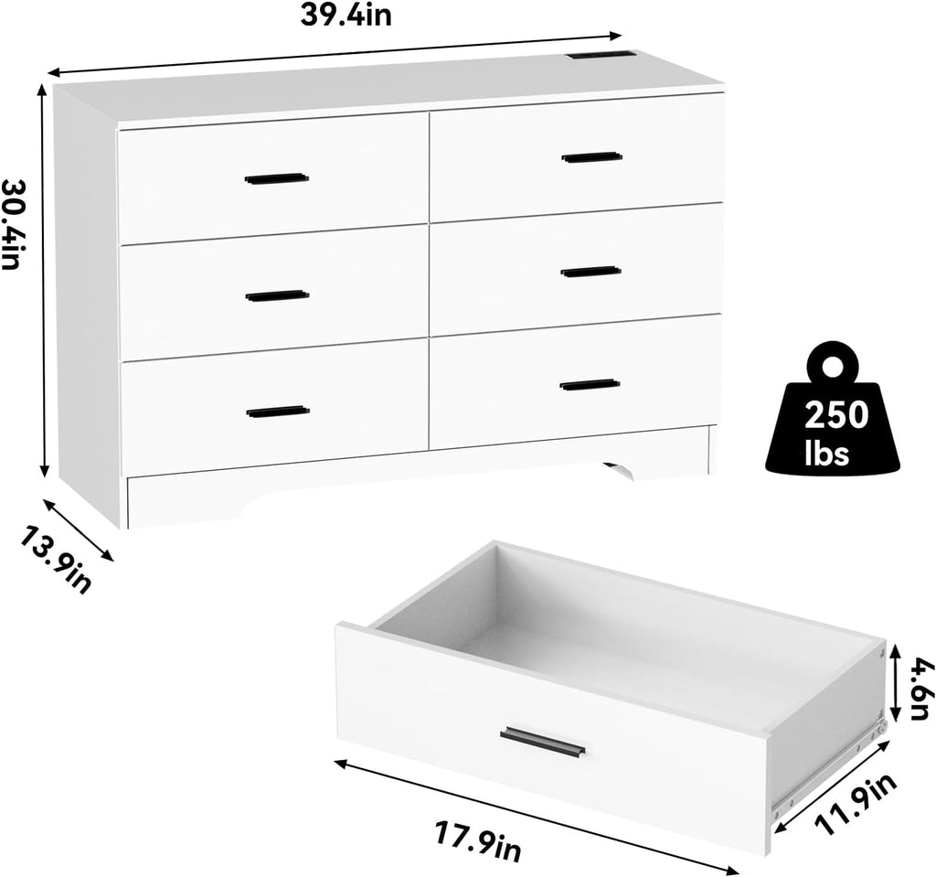 Dresser with Power Outlets Wooden 6 Drawer Dresser with USB and Type C Port Chest of Drawers Tall White Storage