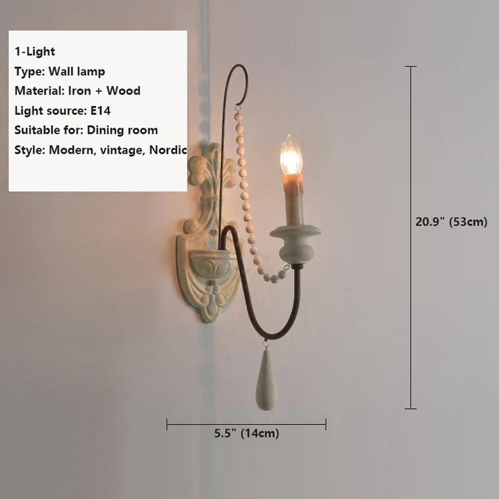 French Country Wall Sconce Vintage Distressed White Wood Rustic Farmhouse Candle Style Light Fixture with Beads