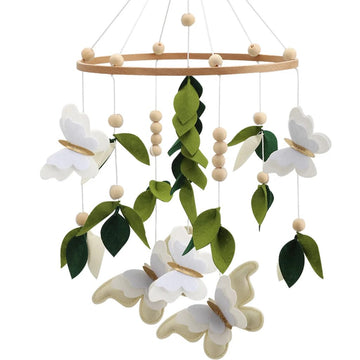 Butterfly Mobile for Crib - A Beautiful Neutral Butterfly Crib Mobile with Green Leaves, White and Gold Detail