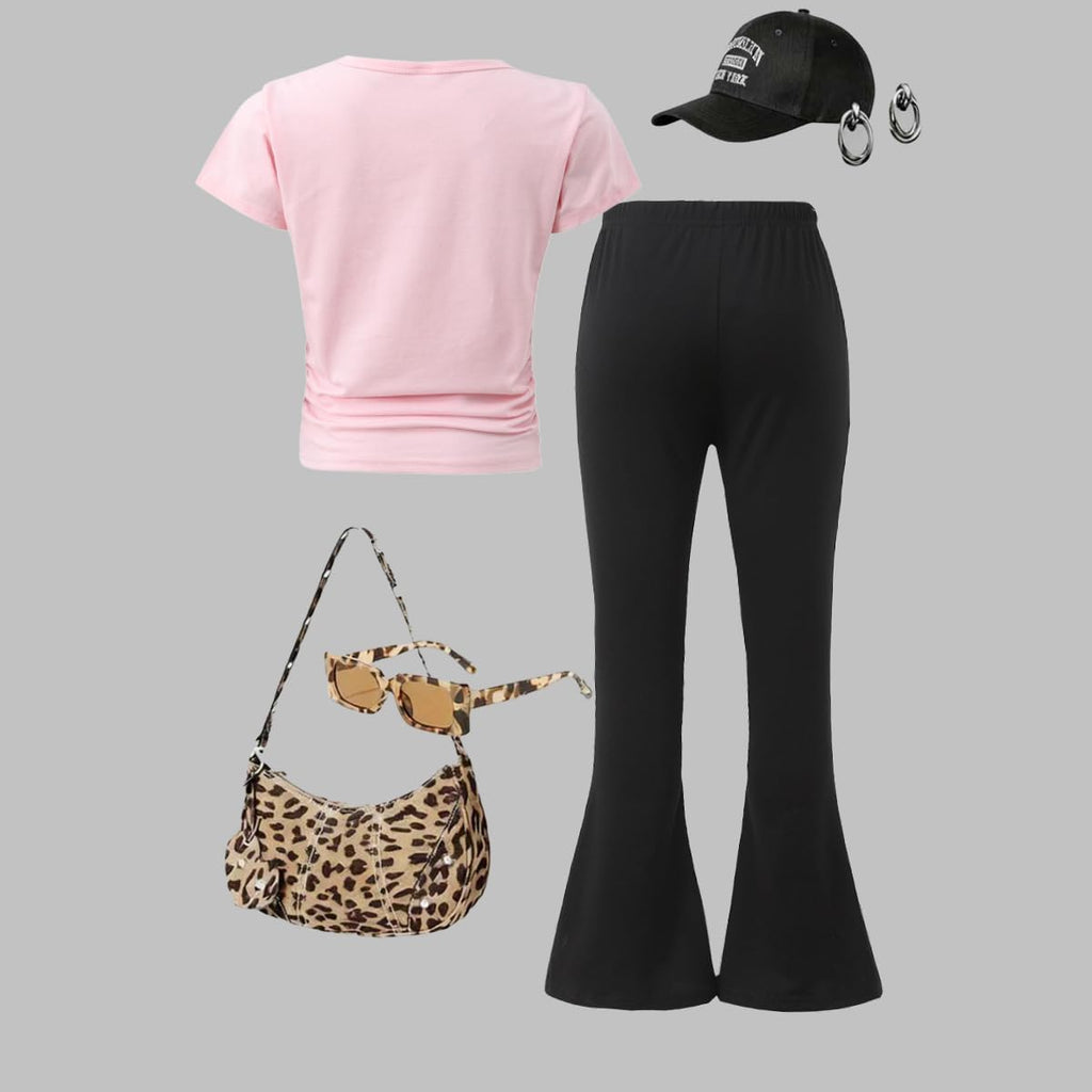 Girls' Summer Piece Outfit Set Bow Tie Short Sleeve Crop Tops+Solid Color Flared Pants Set Old