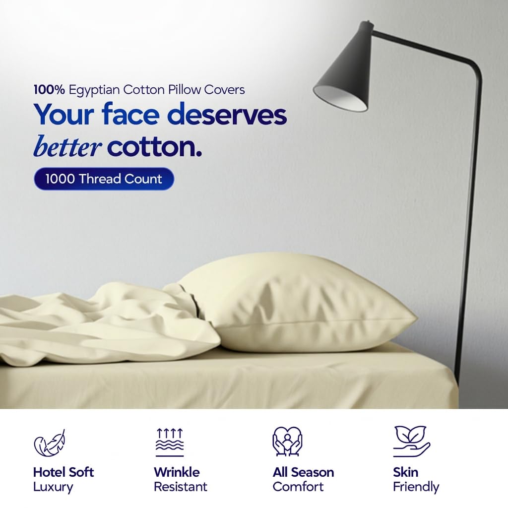 Cooling Queen Pillow Cases Set of 2, 1000 Thread Count Egyptian Cotton Pillowcases, Breathable Sateen Weave Luxury