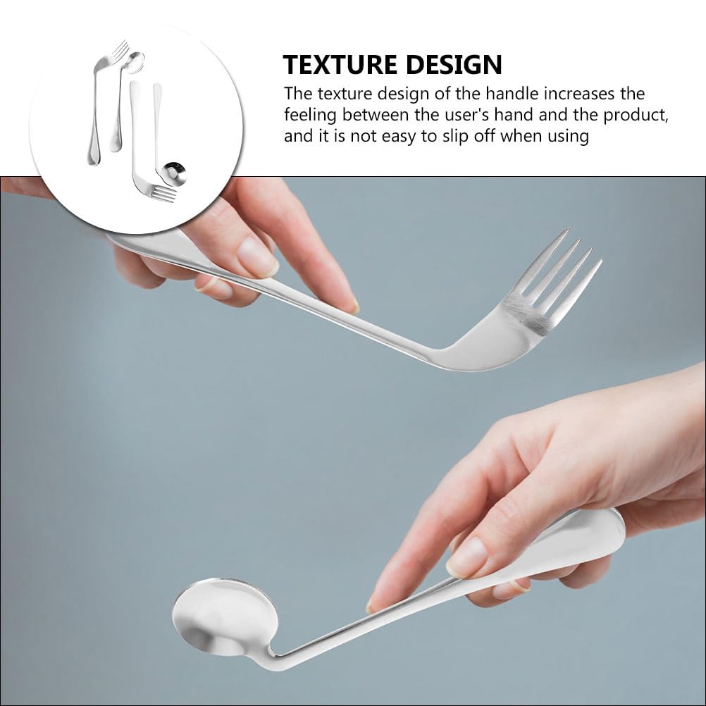 Adaptive Utensils Set for Left & Right Hand - Curved Stainless Steel Spoon and Fork for Elderly, Adults with Tremors