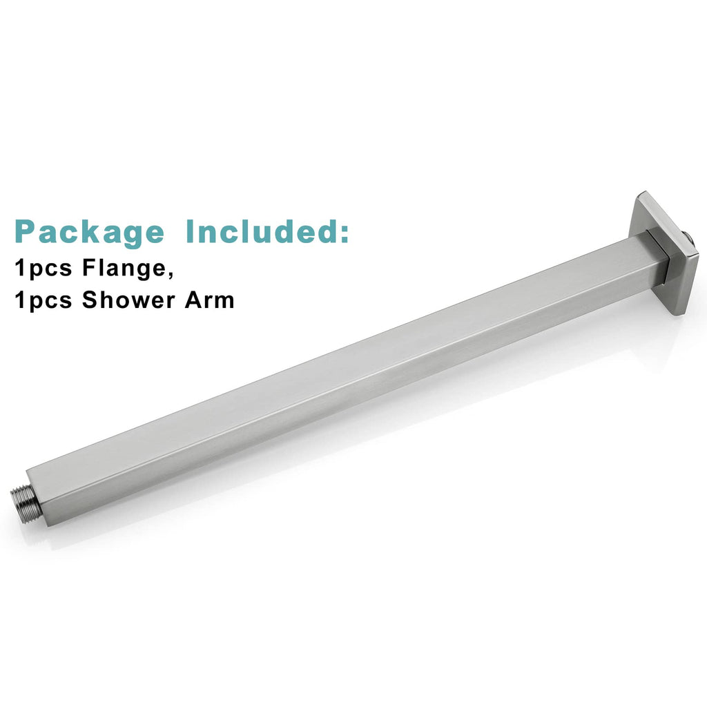 16 Inch Brushed Nickel Ceiling Mount Shower Arm and Flange, Square Rain Shower Arm