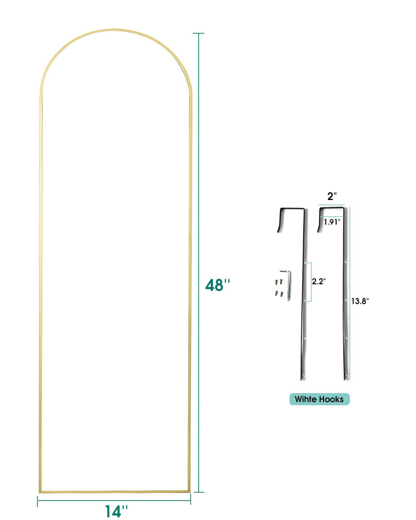 14"x 48" Arched Vertical Wall Mirror, Gold Frame, Over The Door, Full Body, Hanging or Mounting, Modern Style