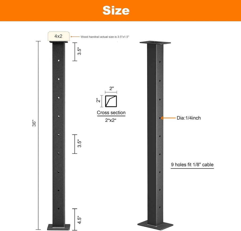 4 Pack Stainless Steel Cable Railing Post(2"×2") with 1/8 Cable Railing Kit, Level drilled (4, Black, 36 inch)
