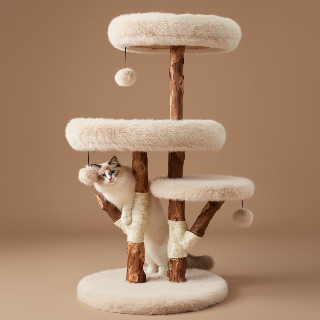 44" Heavy-Duty Stable Natural Wood Cat Tree for Large Cats