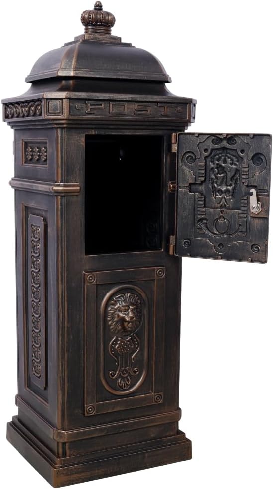 Copper Mailbox, Large Lockable Package Drop Box with Roman Statue, Rustproof Cast Aluminum Mail Boxes Mount Design