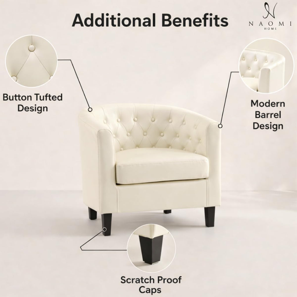 Emma Faux Leather Tufted Barrel Accent Chair - Cream