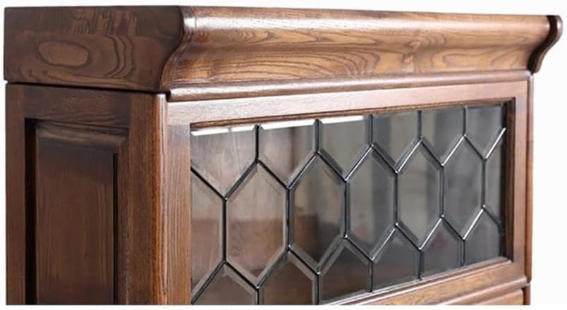 Traditional 5-Stacks Wood Barrister Bookcase, Walnut Finish, 78" H x 33" W x 16" D, Leaded Glass Top, Medium Brown