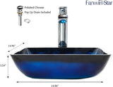 Blue Lotous Square Tempered Deco Glass Vessel Bathroom Sink in Lustrous Blue | Top Mount Sinks Above Countertop |