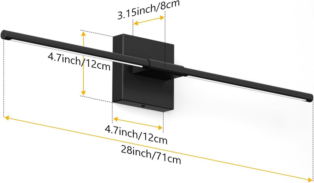 28In Hardwired Black Wall Sconce Modern Vantiy Light LED Bathroom Light Fixtures Over Mirror 3000K 360° Rotatable