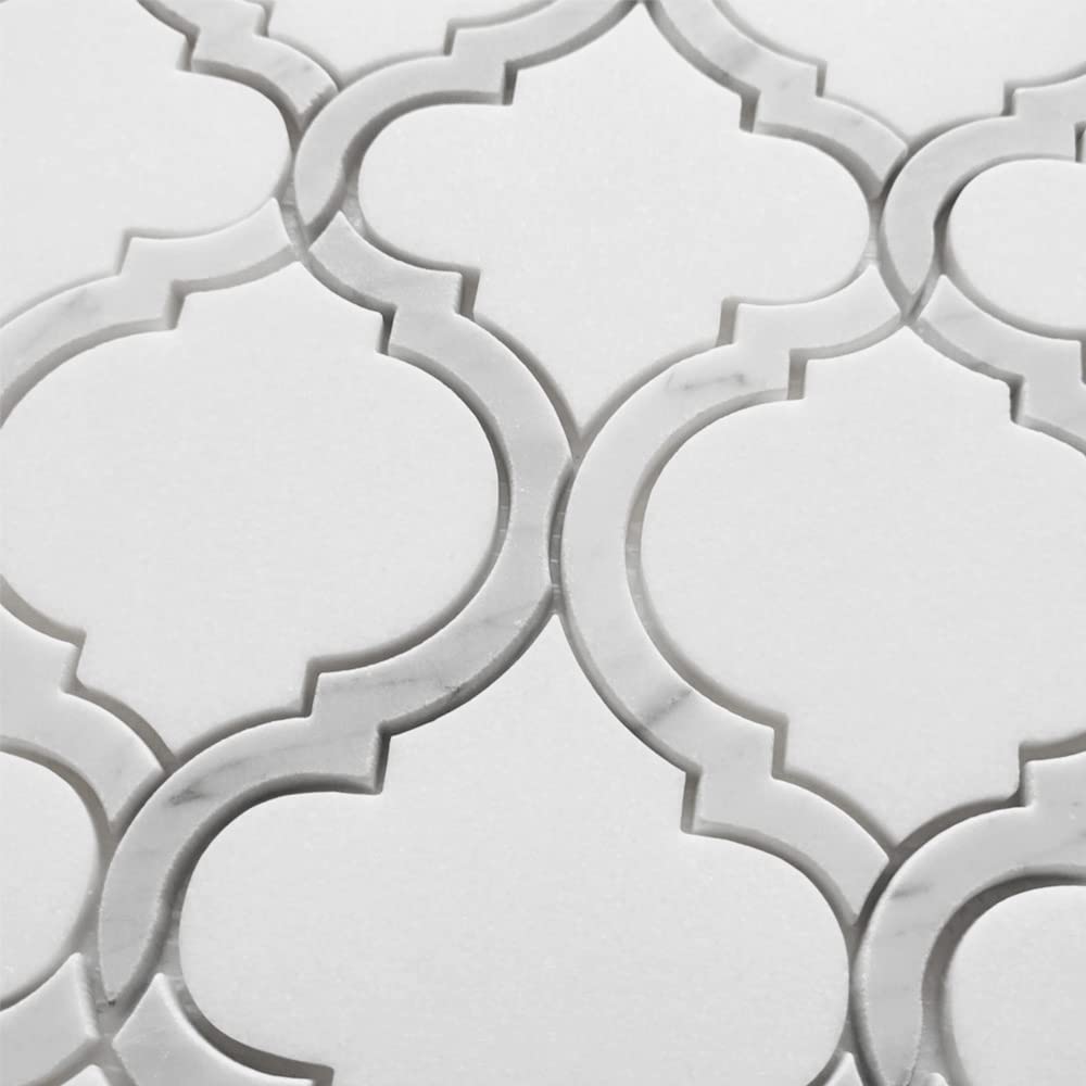 Thassos White Marble Waterjet Arabesque Baroque Grand Lantern Mosaic Tile w/Carrara White Outline Honed Kitchen Bath