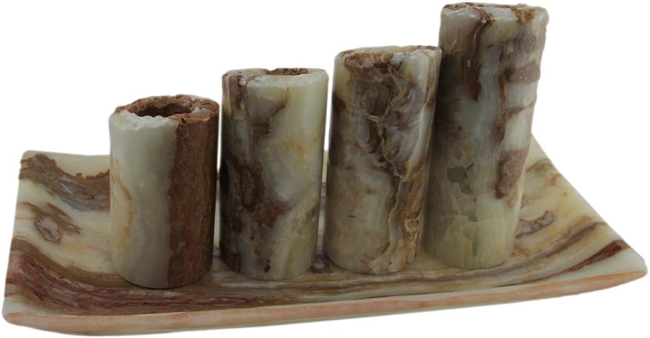 Set of 5 Marble Candle Holder and Tray Pieces, 19.5 Inch, Rust, Off-White | Handcrafted by a Single Artisan, Natural
