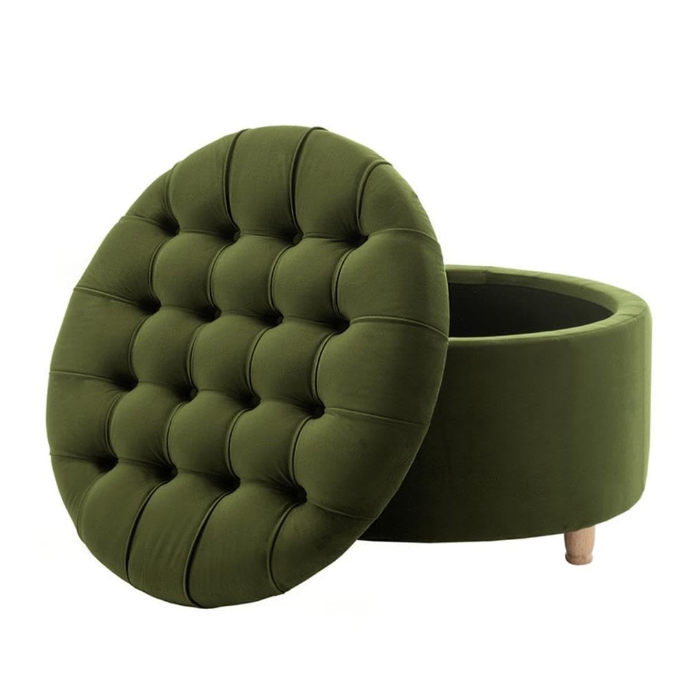 Knight 28-Inch Large Round Pintucked Storage Ottoman with Lift-Off Lid, Tufted Upholstered Accent Footrest, Hidden
