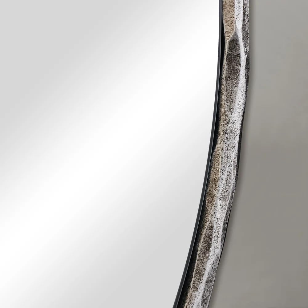 30 Inch Bathroom Hammered Round Mirrors, Silver Hand-Forged Circle Wall Mirrors with Metal Frame, Antique Round