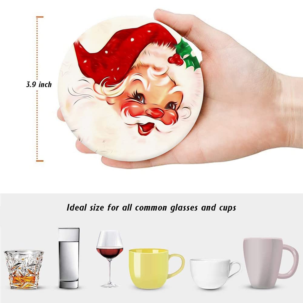 Coasters for Drinks, Round Absorbent Ceramic Stone Coaster Sets of 6 with Metal Holder Stand, Vintage Santa Claus