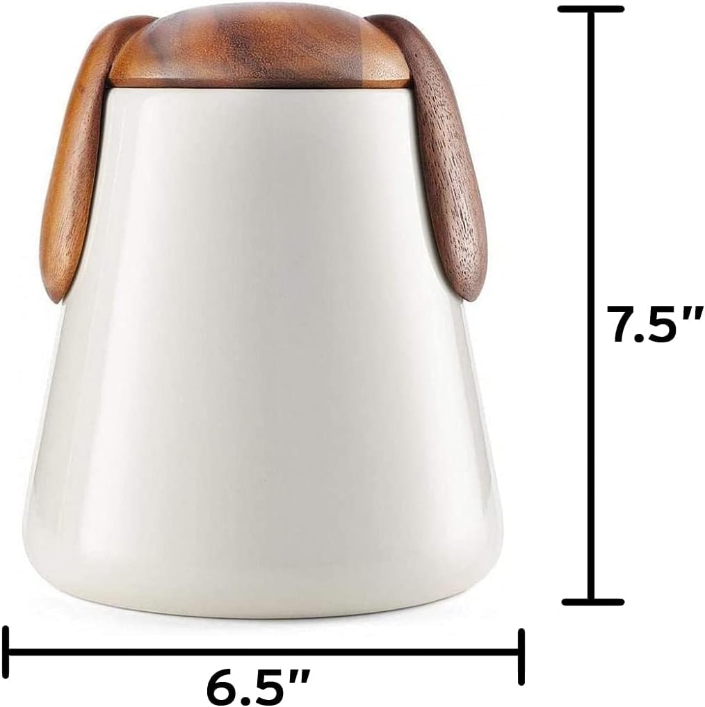 Dog Treat Jar | Pet Food Storage Container | Puppy Ears Design | Made of Porcelain with Acacia Wood Lid | Measures
