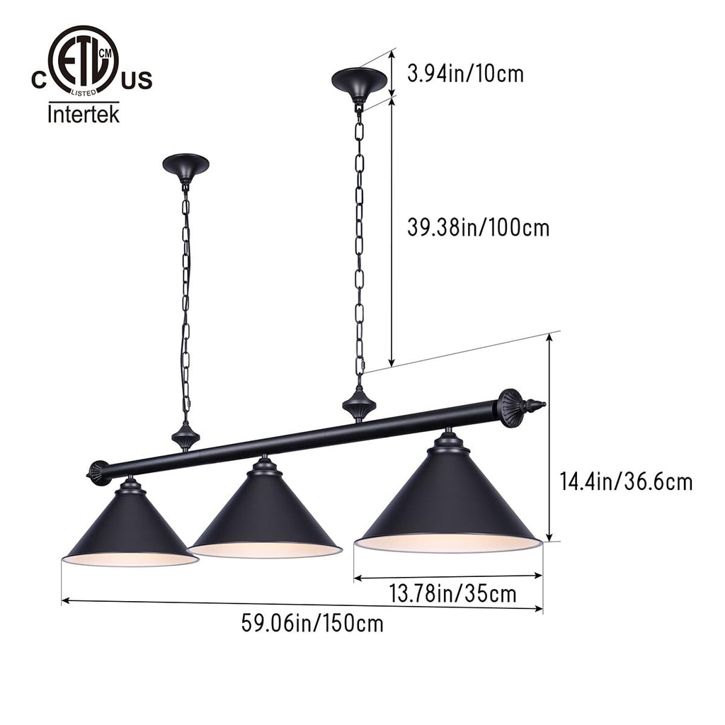 59in Billiard Pool Table Light with Pull Chain Switch on Pendant Light Fixture 3 Lights with Matte Black Shade