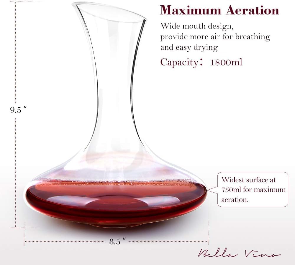 Large Elegant Red Wine Decanter with Aerator Pourer, 1600ml. - Hand Blown Lead-Free Crystal Glass Carafe