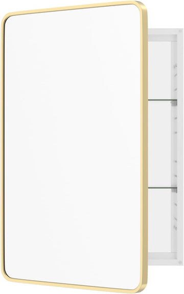 Bathroom Medicine Cabinet with Mirror, 24x36 Inch Gold Recessed Medicine Cabinet with Round Corner Aluminum Alloy