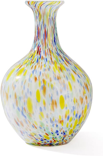 Hand Blown Colorful Round Murano-Style Art Glass Vase - 12.5" Tall,Wide Mouth Glass Vase for Mantle Dining Table