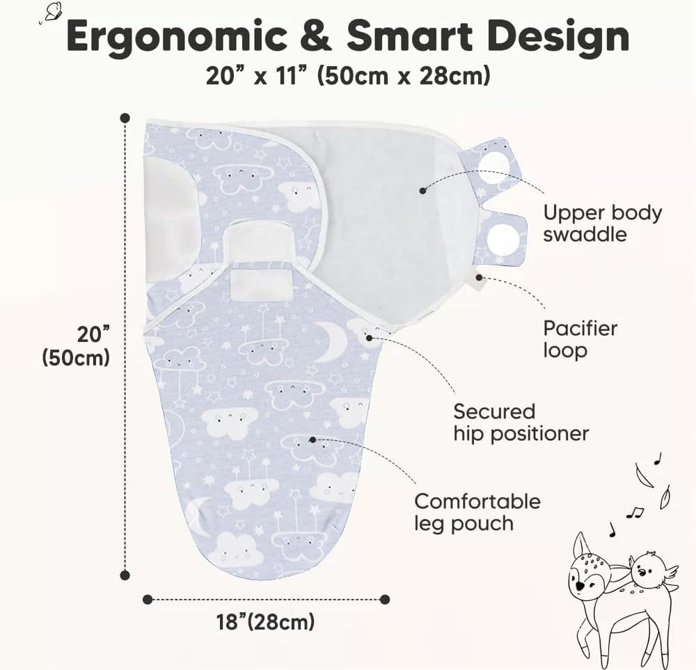 Swaddle Pack - Ultra Soft & Breathable 100% Cotton Newborn Swaddle Blanket, 0-6 Months Baby Sleep Sack, Ergonomic