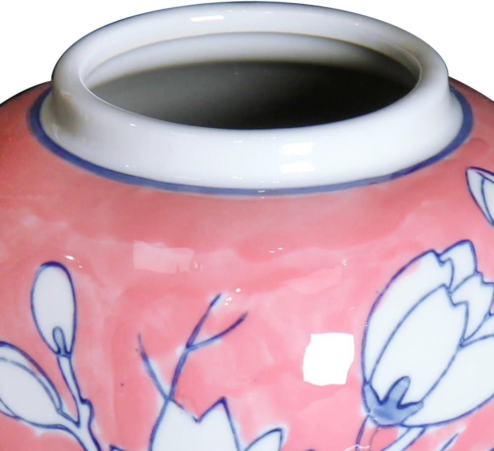 Pink Floral Ceramic Ginger Jar with Poetry Design, Hand-Painted White Blossoms on Pink Background, Decorative Vase