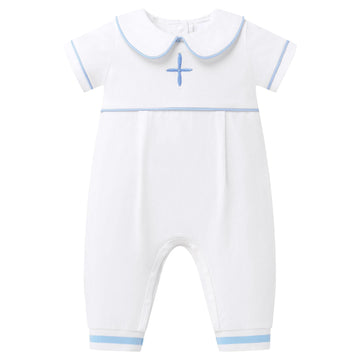 Baptism Outfits for Boys Baby Christening Short Sleeve One Piece Bodysuit Jumpsuit Color Contrast Cross Embroidered