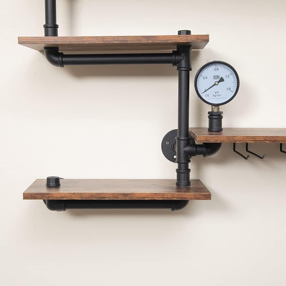 Bar Liquor Shelves, Industrial Pipe Shelving Wine Rack Wall Mounted with 4 Stem Glass Holder, Rustic Floating Pipe