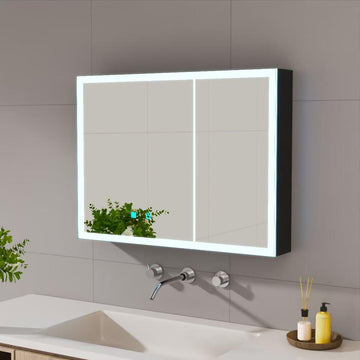 31.50" x 23.62" LED Bathroom Medicine Mirror Cabinet, Wall Mounted Double Door Aluminum Vanity Storage Cabinet with