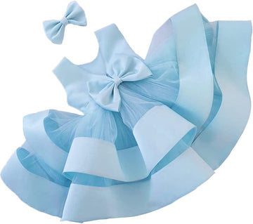 Baby Girls V Backless Flower Dress Pageant Party Wedding Gown Dresses with Hair Bow